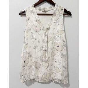 Via Signoria Silk Top Women Small Cream Floral Tie Neck Sleeveless Made in Italy